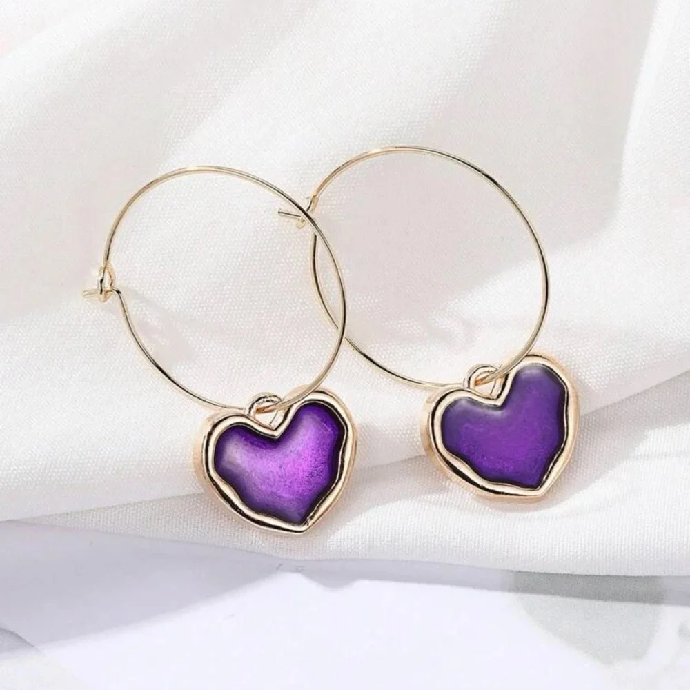 Gold Tone Heart Hoop Earrings with Purple Charm Dangle